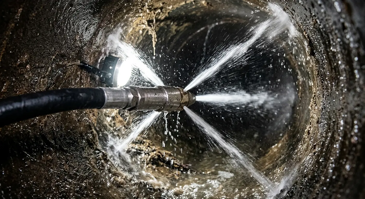 High-pressure hydro jetting nozzle cleaning sewer pipe for Trenchless Sewer Repair in Westminster