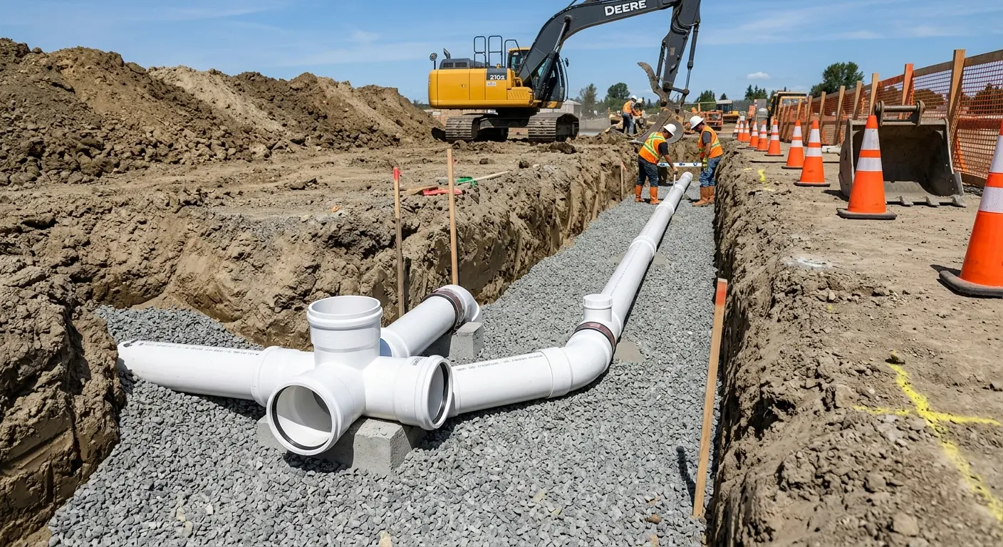 New PVC sewer pipe installation in open trench for Sewer Backup in Westminster