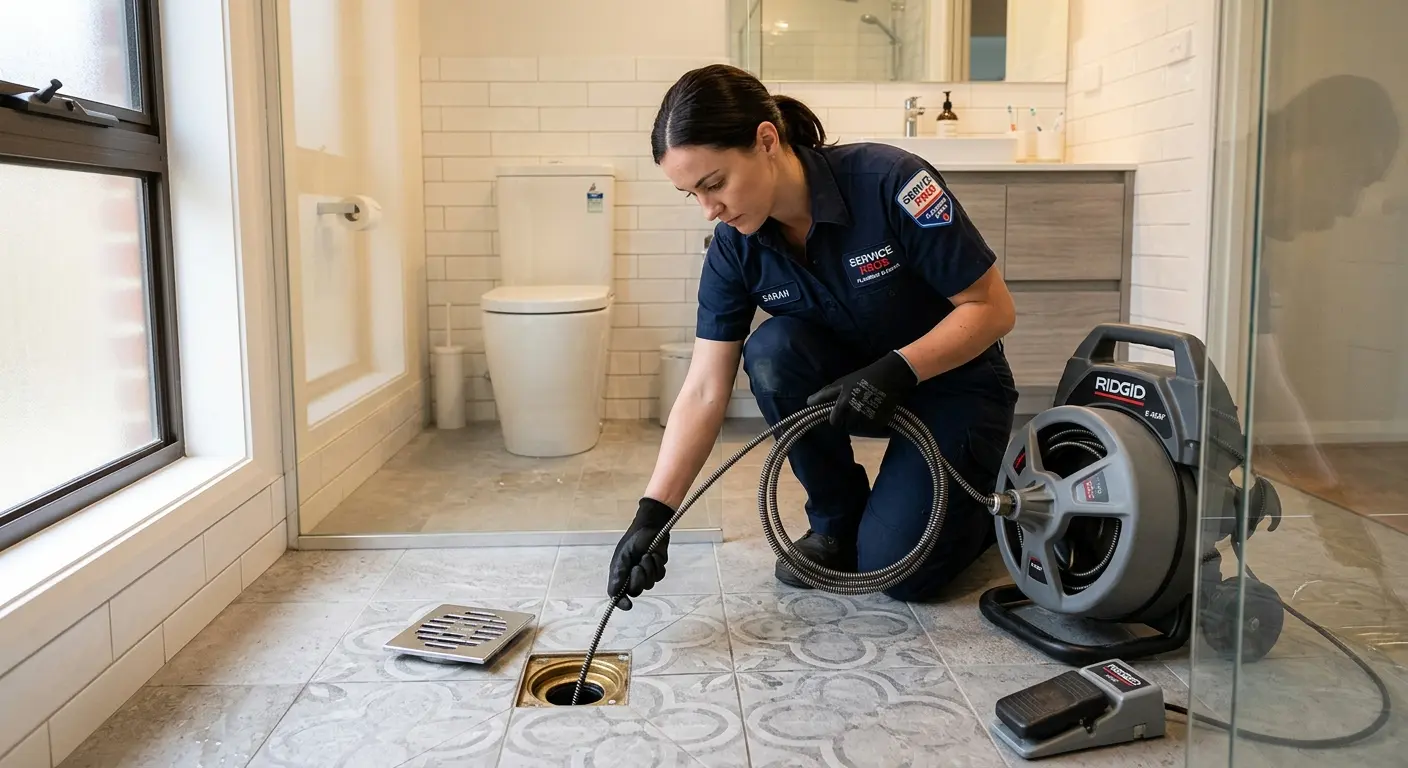 Technician clearing a bathroom floor drain for Drain Cleaning in Westminster